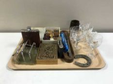 A tray containing marble table box, napkin rings, letter openers, compass, hip flask,