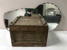 A pine crate together with a stool and three frameless bevelled edge mirrors