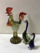 A large Murano glass cockerel together with two glass figures of ducks