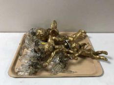 Three gilt cherub lights with glass drops