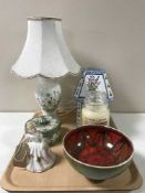 A tray containing Wedgwood jasper ware lidded powder bowl, Poole bowl,