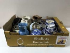 Two boxes of assorted china including blue and white Willow pattern china, biscuit barrels,