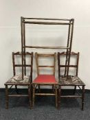 A mahogany towel rail together with three Edwardian mahogany bedroom chairs