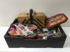 A box of concertina sewing box and contents,