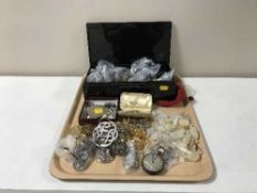 A tray of costume jewellery and silver, deed box of watches, pocket watches,