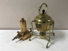 A brass spirit kettle on stand and a brass William Lawson patent 281 filter