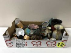 Three boxes of china, pottery and glass ware - Ringtons, vases, table lamp,