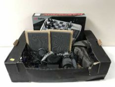A box of Olympus OM10 camera with lens and accessories, boxed Kasparov electronic chess set,