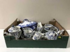 Two boxes containing blue and white Old Chelsea dinner ware,