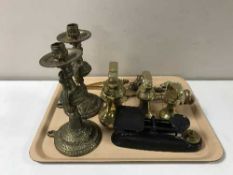 A tray of postal scales, weights, brass weights, corkscrew,