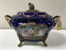 A blue and gilt metal mounted porcelain tureen