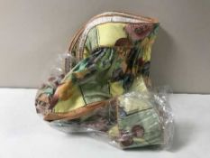 A pair of fully lined curtains with pelmets and tie backs,