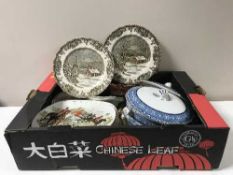 Two boxes of assorted dinner plates, meat plates,