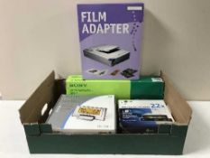 A box containing DVD re-writer, Epson film adaptor,