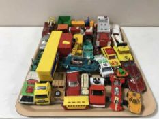 A tray of play worn die cast vehicles including Dinky Toys hovercraft, Jaws car,