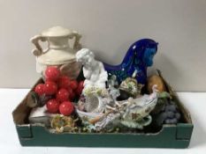 Two boxes containing lamp bases, continental china figures, toast rack,