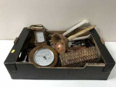 A box containing barometer, poss stick, wicker basket, fire poker, shoe stretcher etc,