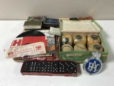 A tray of 45 records, pens, dominoes, cards, RAC badge,