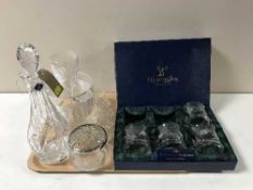 A tray of four boxed Glen Eagles whiskey tumblers, Edinburgh Crystal decanter,