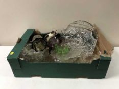 Two boxes containing 1970's coloured glassware, pressed glass,