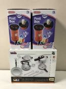 Four boxed Bosch coffee machine play seys, two Kline pan sets,