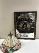 A box of assorted pictures relating to The Lake District, Tiffany style lamp, shaped globe,