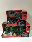 Five Brittons big farm tractors and three boxes of Brittons farmyard accessories