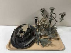 A tray of 20th century plated ware including cockerels, candelabra, goblets,