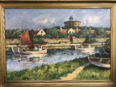 Gilt framed continental school oil on canvas - boats moored on river, signed S.