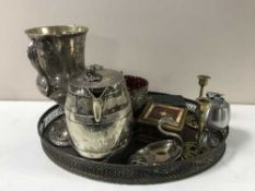 An oak part canteen of cutlery together with a plated tray containing plated tankard and jug,