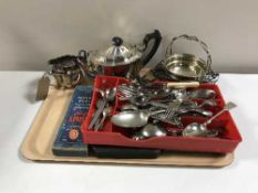 A tray of assorted table cutlery, plated tea service,