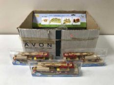 Two boxes of Big Jigs Rail Wooden rolling stock and Tumble Tree town folk together with two Casdon