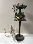 Two decorative white metal light fittings together with an oak barleytwist smoker's stand,