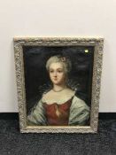 Nineteenth century school : A portrait of a lady wearing a blue velvet shawl, oil on canvas,