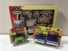 Five Chuggington wooden railway sets and five boxes of Chuggington wooden trains