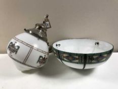 An Art Deco glass light shade and opaline pendant light fitting