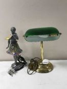 A brass companion set together with a banker's desk lamp and a metal Art Deco style table lamp