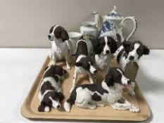 A tray of six Danbury Mint figures of springer spaniels, Ringtons mugs, blue and white teapot,