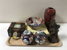 A tray of oriental china including an Imari bowl, ginger jars, boxed Chinese plate,