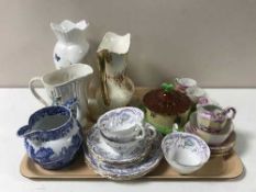 A tray containing Spencer bone china cups and saucers, Copeland Spode milk jug, Maling jug,