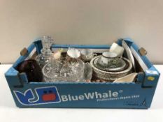 A box containing assorted tea china, dinner ware and glassware including Crown Ducal,