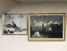Gilt framed continental school oil on canvas - fishing boats at dock,