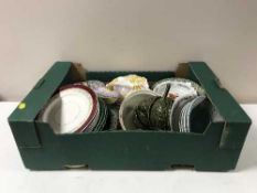 Two boxes containing a large quantity of assorted dinner ware, desert sets, Burleigh ware jug,