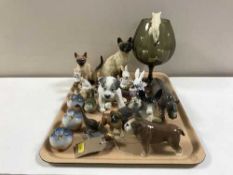 A tray containing china animal figures including a Beswick Peter Scott duck, Sylvac bulldog,