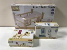 Two Tidlo 2 in 1 dolls cradles together with five Tidlo kitchen bathroom and bedroom sets,