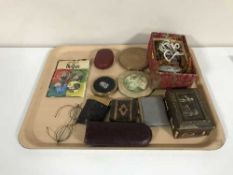 A collection of costume jewellery, white metal rings, pairs of spectacles,