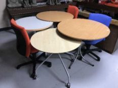 Four circular office tables and three Comforto typists chairs