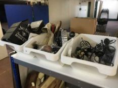 Three storage crates of kitchen utensils,