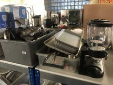 Two boxes of stainless steel serving dishes, small frying pans, servers,