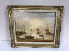 A gilt framed oil on canvas - boats off a coast line by H Bennett,
